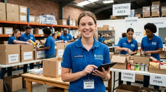 Smiling food bank volunteer holding a tablet in a warehouse with staff sorting donated goods
